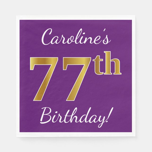 Purple, Faux Gold 77th Birthday + Custom Name Napkin (Front)