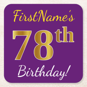 Purple, Faux Gold 78th Birthday + Custom Name Square Paper Coaster