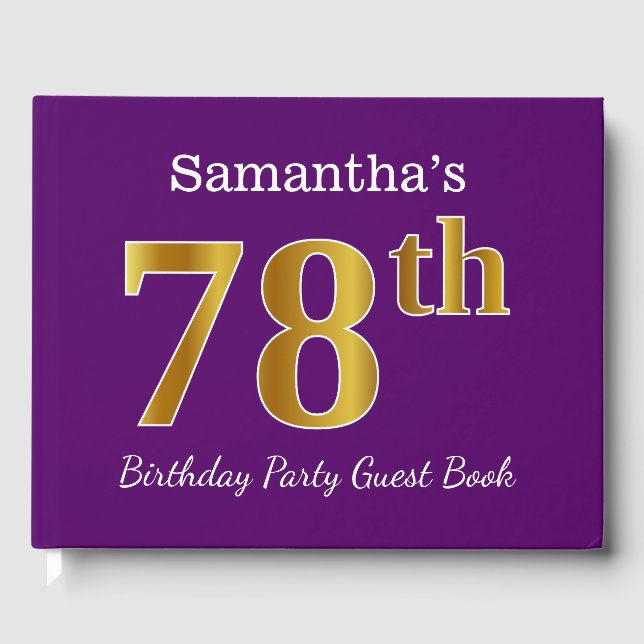 Purple, Faux Gold 78th Birthday Party; Custom Name Guest Book (Front)