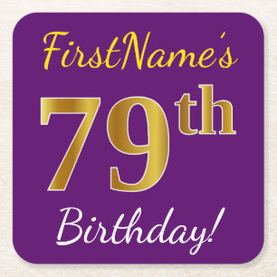 Purple, Faux Gold 79th Birthday + Custom Name Square Paper Coaster