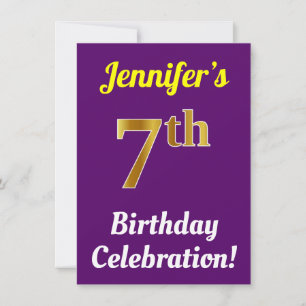 Purple, Faux Gold 7th Birthday Celebration + Name Invitation