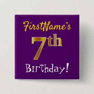 Purple, Faux Gold 7th Birthday, With Custom Name 15 Cm Square Badge