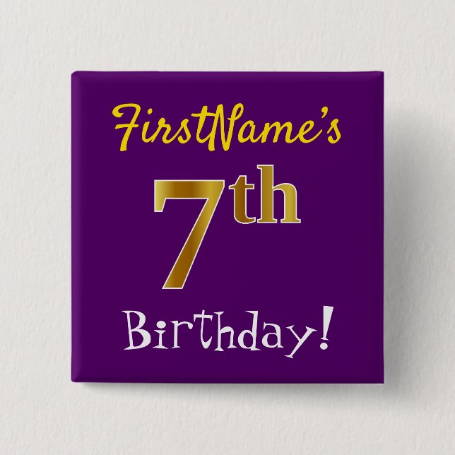Purple, Faux Gold 7th Birthday, With Custom Name 15 Cm Square Badge (Front)