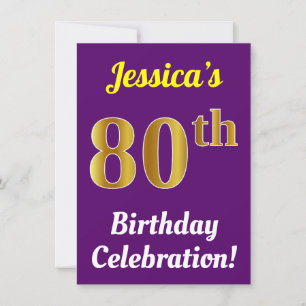 Purple, Faux Gold 80th Birthday Celebration + Name Invitation