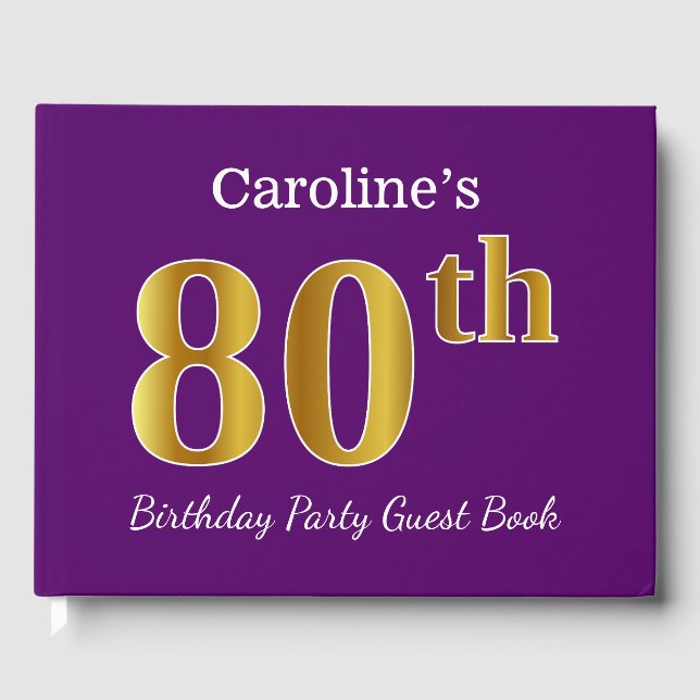Purple, Faux Gold 80th Birthday Party; Custom Name Guest Book (Front)