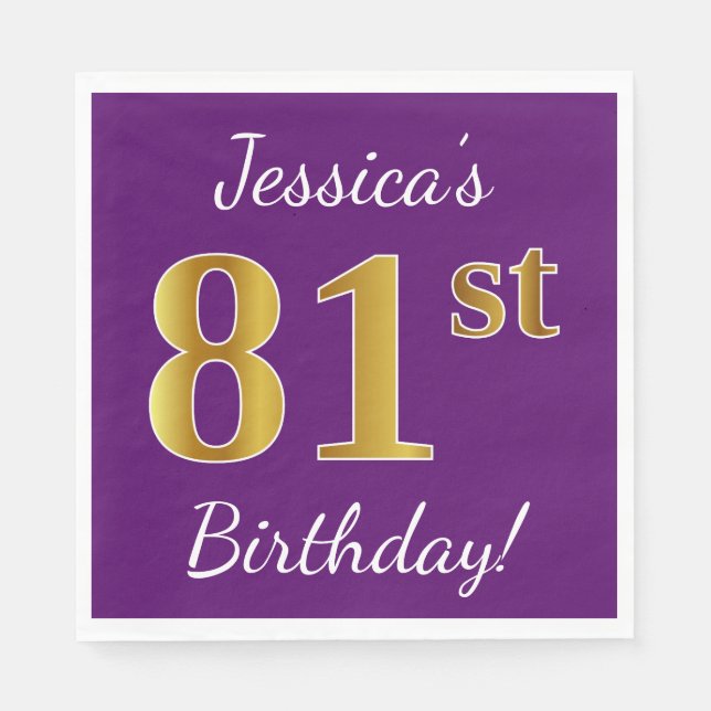 Purple, Faux Gold 81st Birthday + Custom Name Napkin (Front)