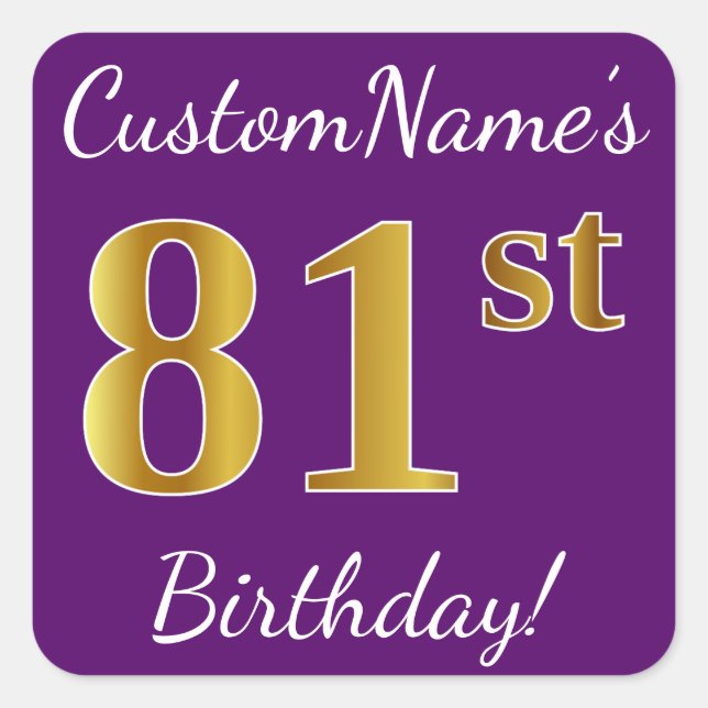 Purple, Faux Gold 81st Birthday + Custom Name Square Sticker (Front)