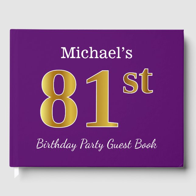 Purple, Faux Gold 81st Birthday Party; Custom Name Guest Book (Front)