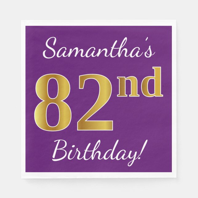 Purple, Faux Gold 82nd Birthday + Custom Name Napkin (Front)