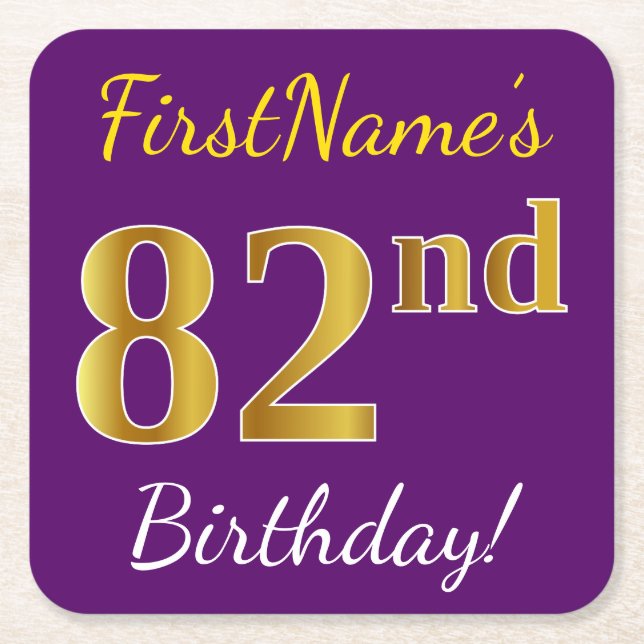 Purple, Faux Gold 82nd Birthday + Custom Name Square Paper Coaster (Front)