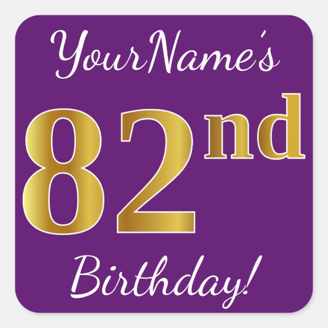 Purple, Faux Gold 82nd Birthday + Custom Name Square Sticker (Front)