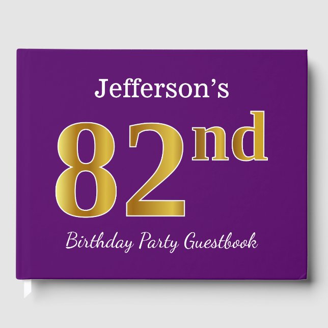 Purple, Faux Gold 82nd Birthday Party; Custom Name Guest Book (Front)