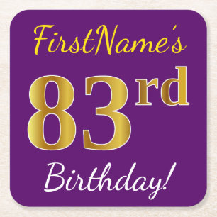 Purple, Faux Gold 83rd Birthday + Custom Name Square Paper Coaster