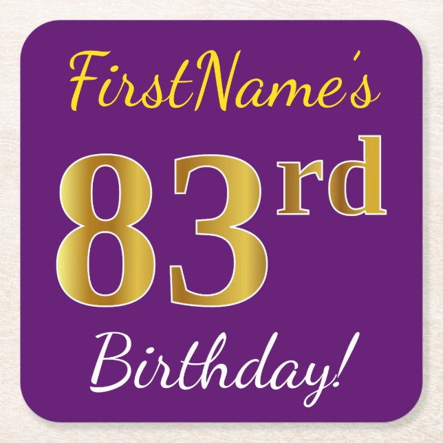 Purple, Faux Gold 83rd Birthday + Custom Name Square Paper Coaster (Front)