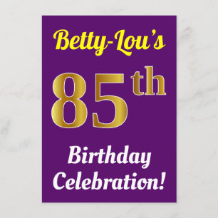 Purple, Faux Gold 85th Birthday Celebration + Name Invitation