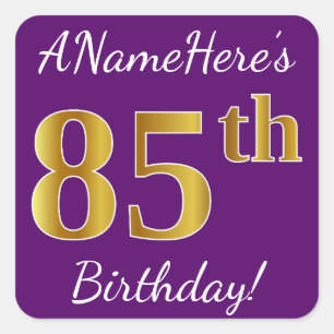 Purple, Faux Gold 85th Birthday + Custom Name Square Sticker