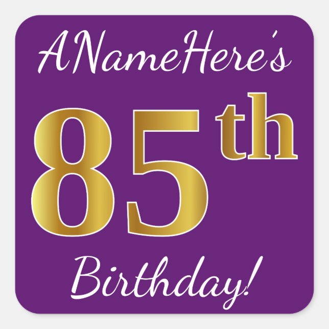 Purple, Faux Gold 85th Birthday + Custom Name Square Sticker (Front)