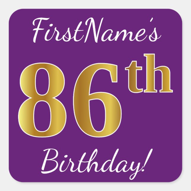 Purple, Faux Gold 86th Birthday + Custom Name Square Sticker (Front)