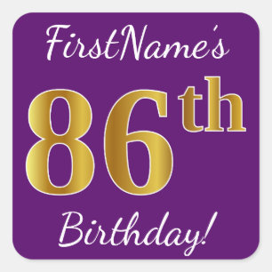 Purple, Faux Gold 86th Birthday + Custom Name Square Sticker