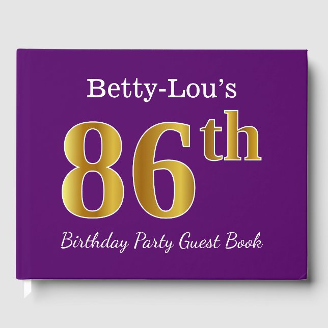 Purple, Faux Gold 86th Birthday Party; Custom Name Guest Book (Front)