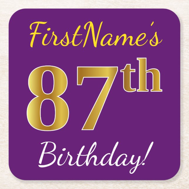Purple, Faux Gold 87th Birthday + Custom Name Square Paper Coaster (Front)