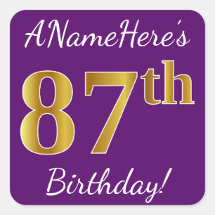 Purple, Faux Gold 87th Birthday + Custom Name Square Sticker