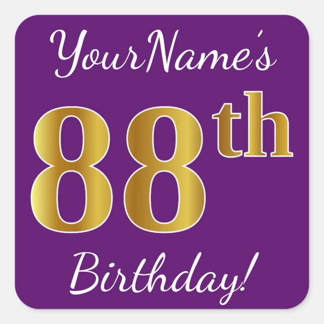 Purple, Faux Gold 88th Birthday + Custom Name Square Sticker (Front)