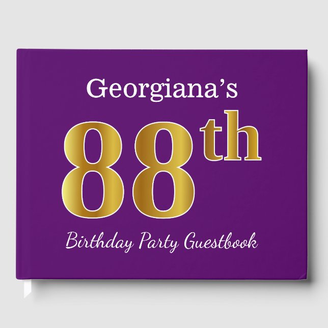 Purple, Faux Gold 88th Birthday Party; Custom Name Guest Book (Front)