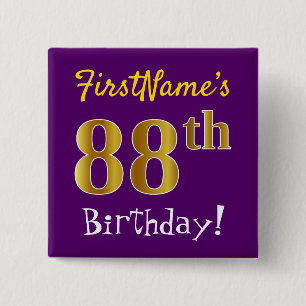 Purple, Faux Gold 88th Birthday, With Custom Name 15 Cm Square Badge