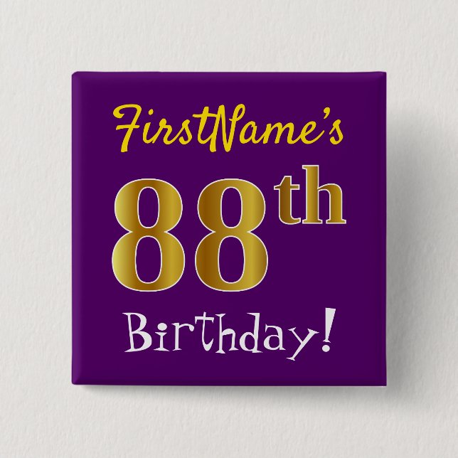 Purple, Faux Gold 88th Birthday, With Custom Name 15 Cm Square Badge (Front)