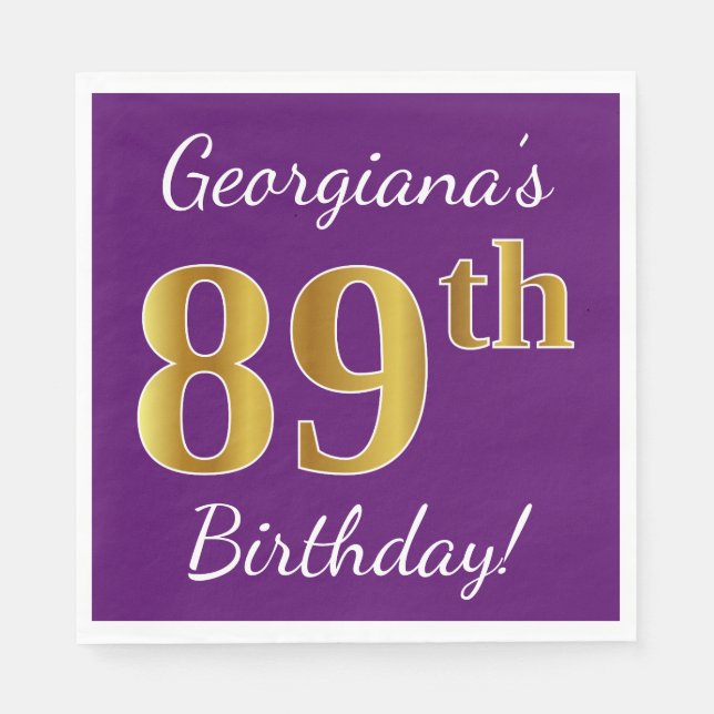 Purple, Faux Gold 89th Birthday + Custom Name Napkin (Front)