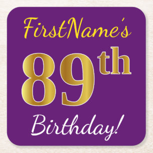 Purple, Faux Gold 89th Birthday + Custom Name Square Paper Coaster
