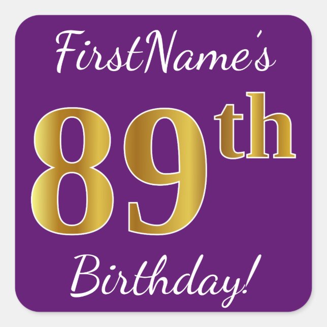 Purple, Faux Gold 89th Birthday + Custom Name Square Sticker (Front)