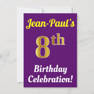 Purple, Faux Gold 8th Birthday Celebration + Name Invitation