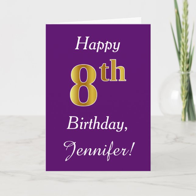 Purple, Faux Gold 8th Birthday + Custom Name Card (Front)