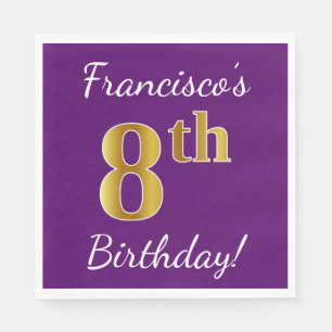 Purple, Faux Gold 8th Birthday + Custom Name Napkin