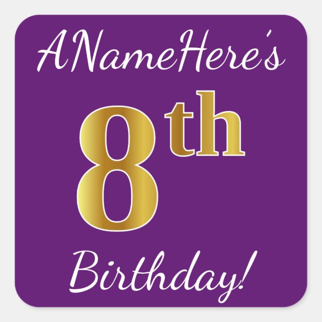 Purple, Faux Gold 8th Birthday + Custom Name Square Sticker (Front)