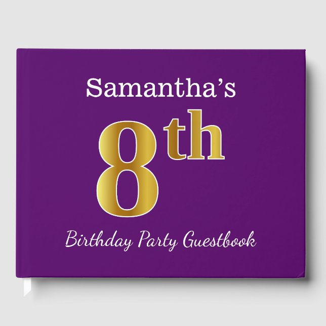 Purple, Faux Gold 8th Birthday Party + Custom Name Guest Book (Front)