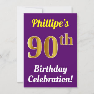 Purple, Faux Gold 90th Birthday Celebration + Name Invitation
