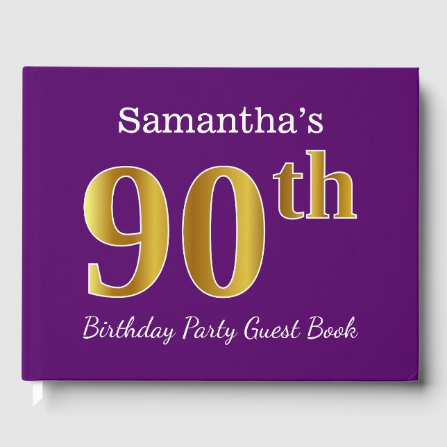 Purple, Faux Gold 90th Birthday Party; Custom Name Guest Book (Front)