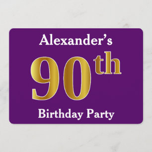 Purple, Faux Gold 90th Birthday Party; Custom Name Invitation