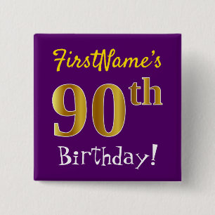 Purple, Faux Gold 90th Birthday, With Custom Name 15 Cm Square Badge