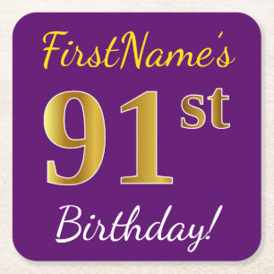 Purple, Faux Gold 91st Birthday + Custom Name Square Paper Coaster
