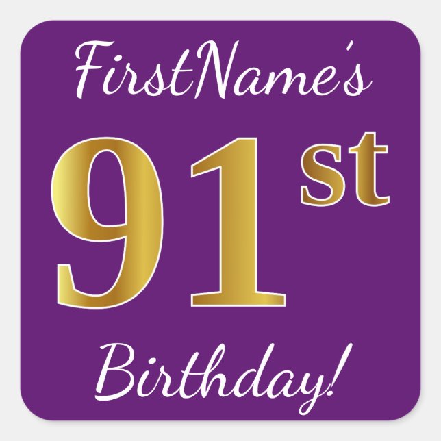 Purple, Faux Gold 91st Birthday + Custom Name Square Sticker (Front)