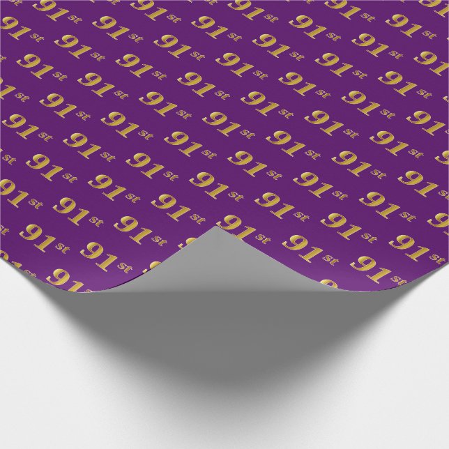 Purple, Faux Gold 91st (Ninety-First) Event Wrapping Paper (Corner)