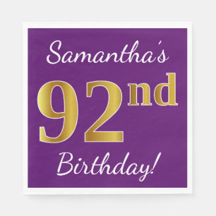 Purple, Faux Gold 92nd Birthday + Custom Name Napkin
