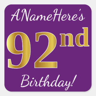 Purple, Faux Gold 92nd Birthday + Custom Name Square Sticker