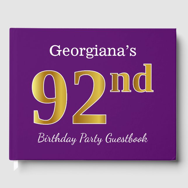 Purple, Faux Gold 92nd Birthday Party; Custom Name Guest Book (Front)