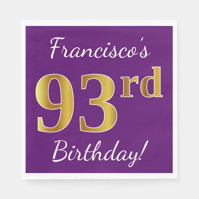 Purple, Faux Gold 93rd Birthday + Custom Name Napkin (Front)