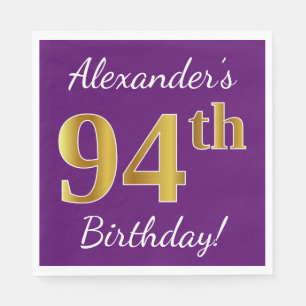 Purple, Faux Gold 94th Birthday + Custom Name Napkin